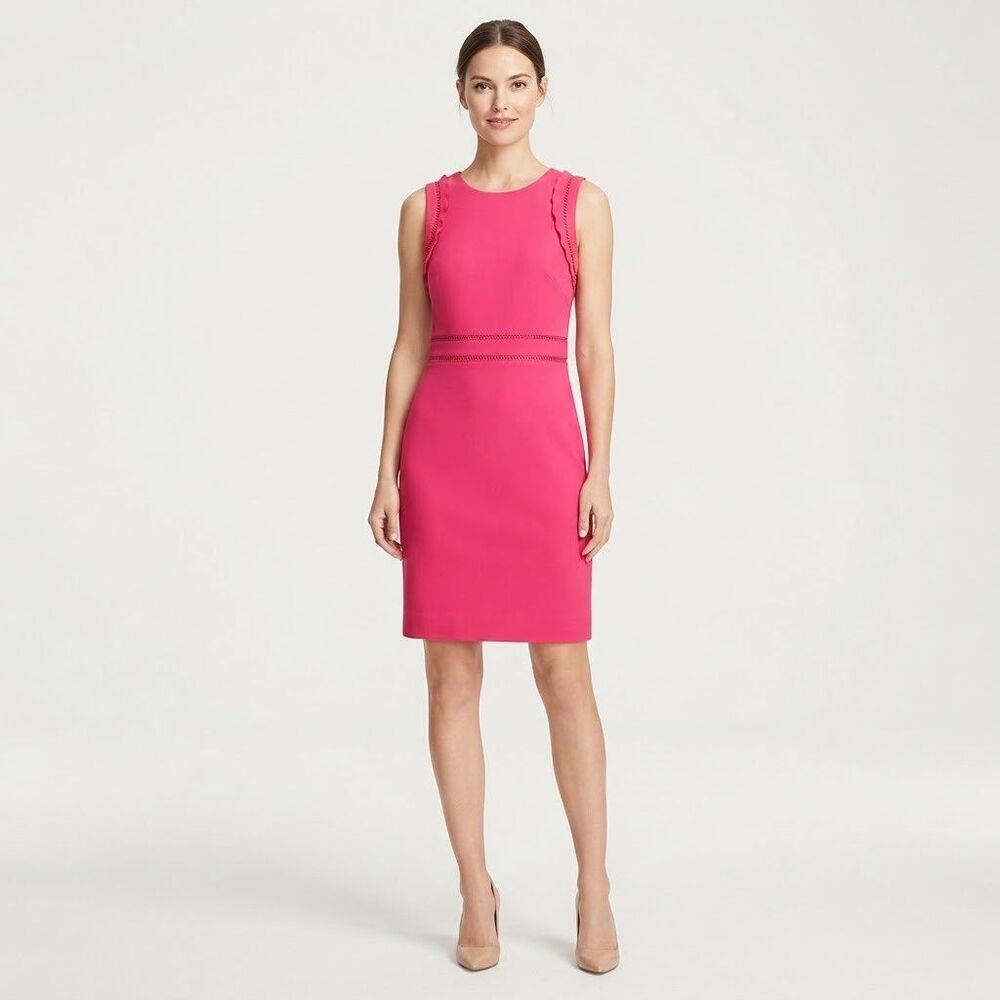 Ann Taylor Dress 10P Petite Pink Sleeveless Ruffles Crochet Feminine